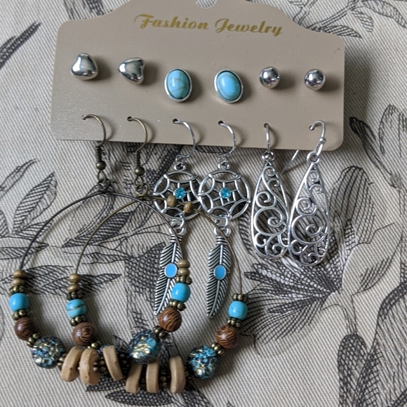 Bohemian Southwestern Earrings Silver Plated Set - Picture 2 of 9